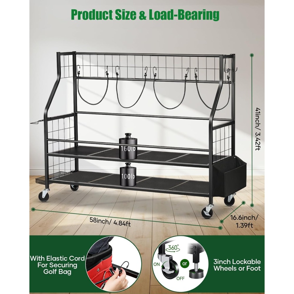 Golf Equipment Garage Storage - Golf Bag Storage Rack on Wheels