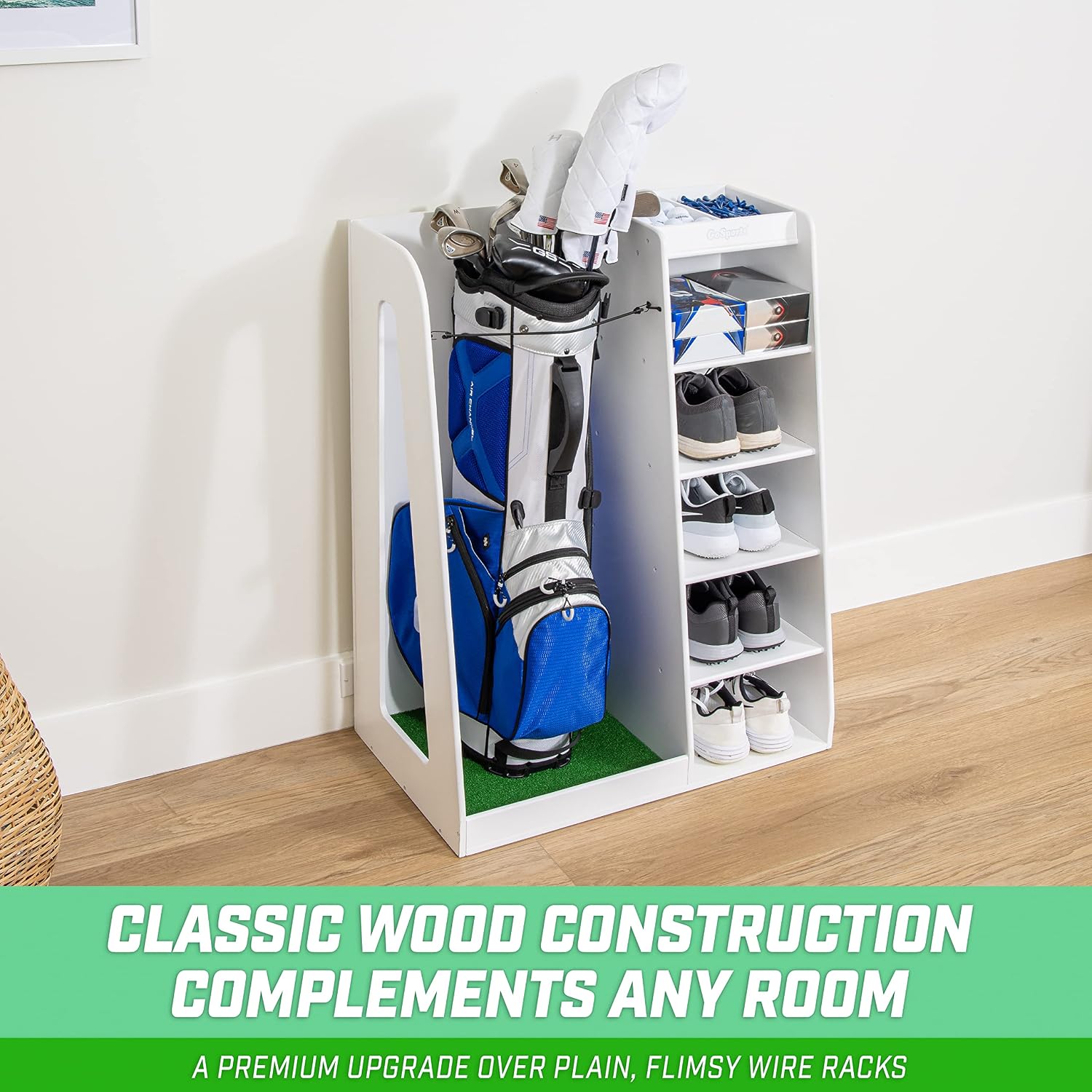 Premium Wooden Golf Bag Storag - Golf Equipment Garage Storage recension och pris